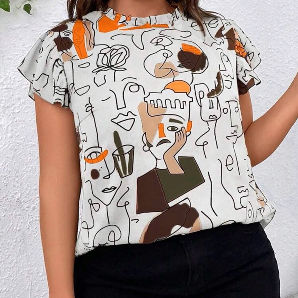 SHEIN LUNE Plus Figure Graphic Butterfly Sleeve Blouse size 1XL